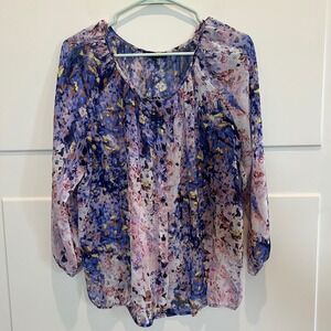 Violet & Claire Floral‎ Blouse Womens Large Long Sleeve Blue Purple Fairy Garden